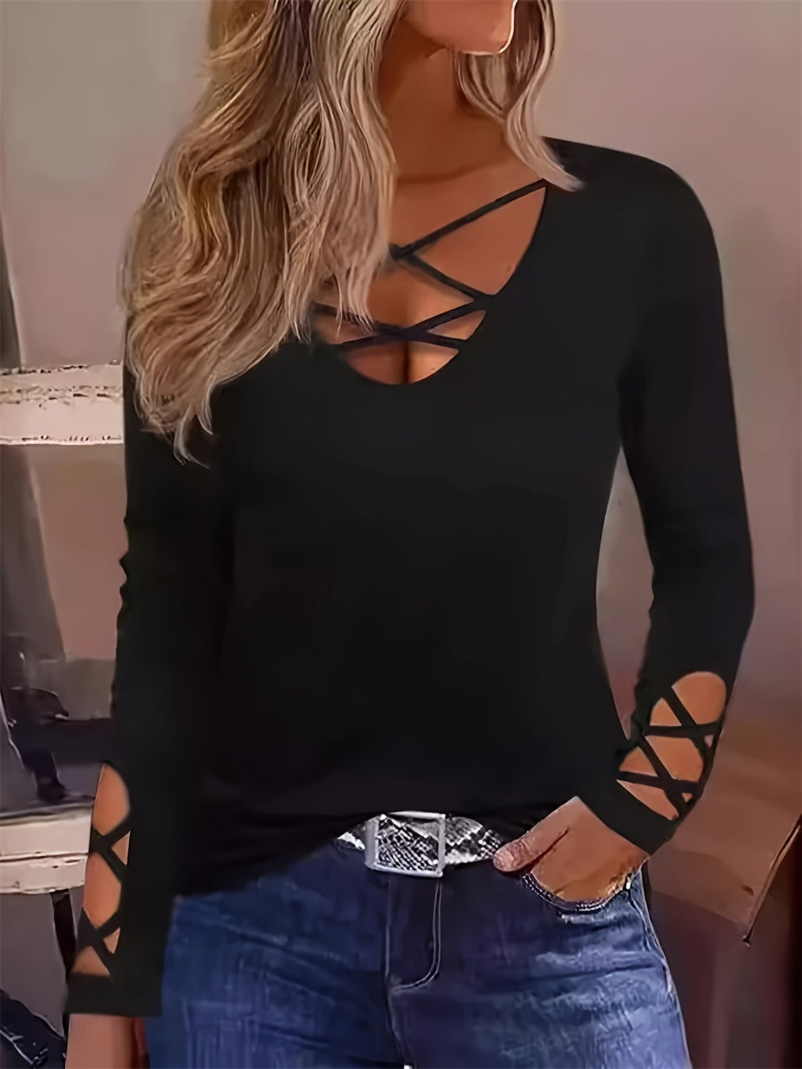 Cutout Crisscross Long Sleeve Shirt