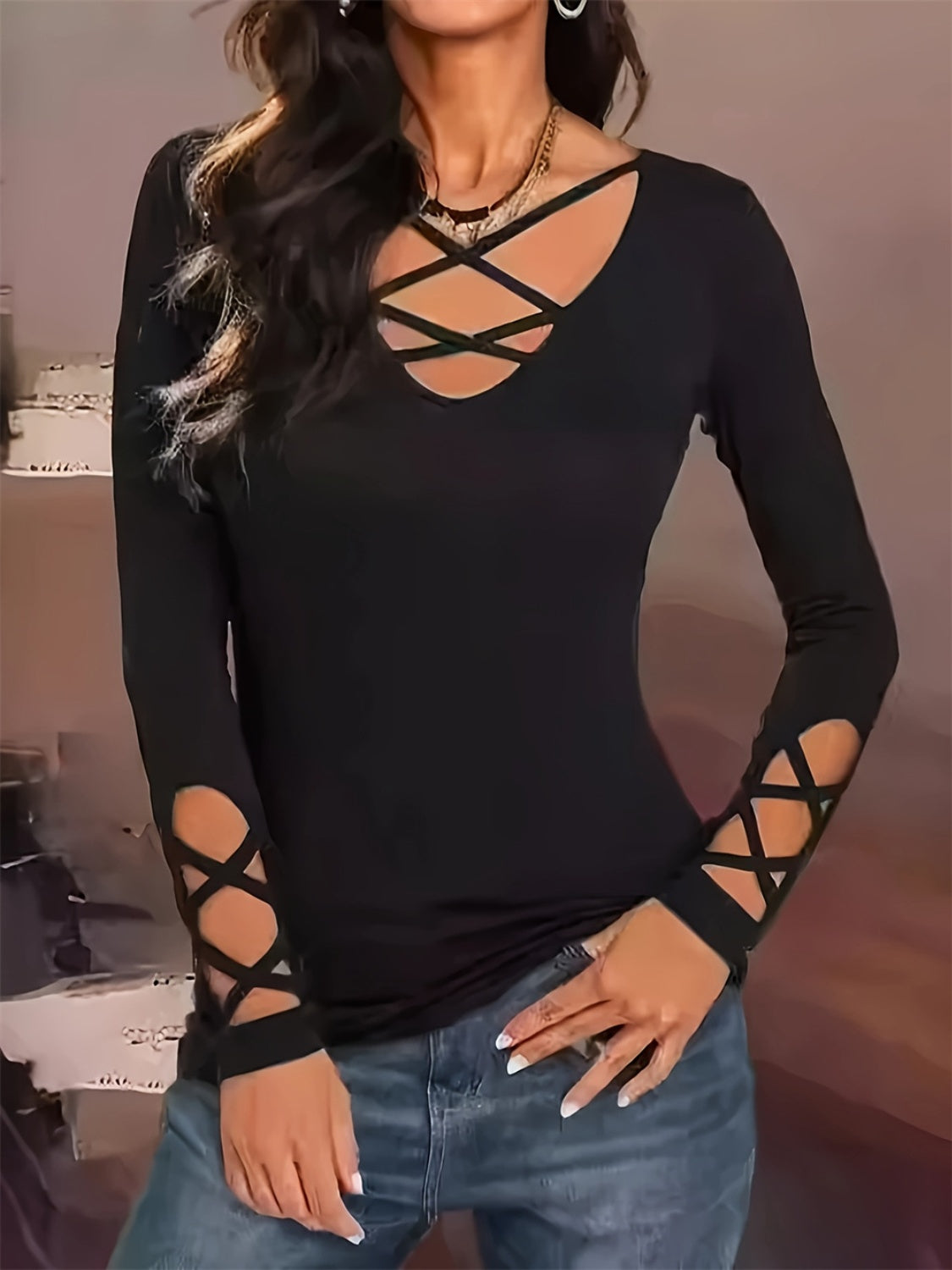 Cutout Crisscross Long Sleeve Shirt