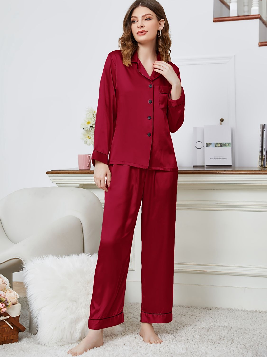 Lapel Collar Long Sleeve Top and Pants Pajama Set