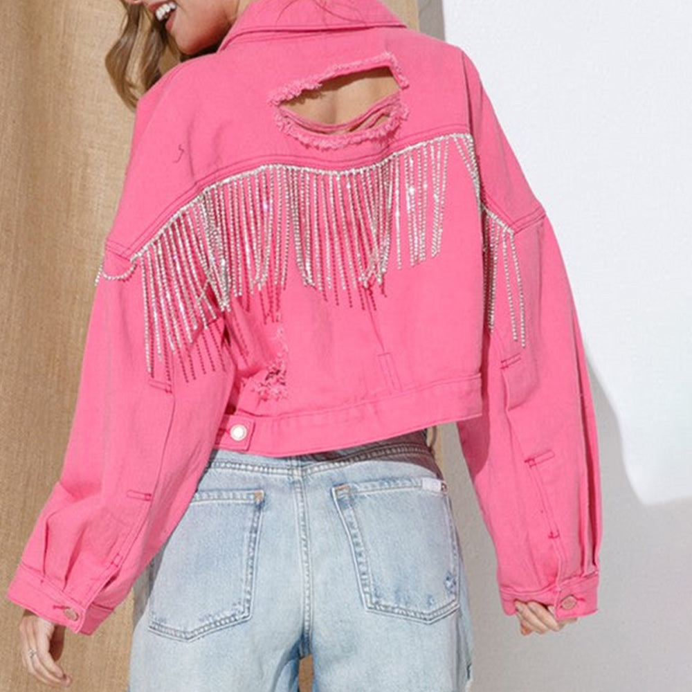 Distressed Fringe Trim Denim Jacket